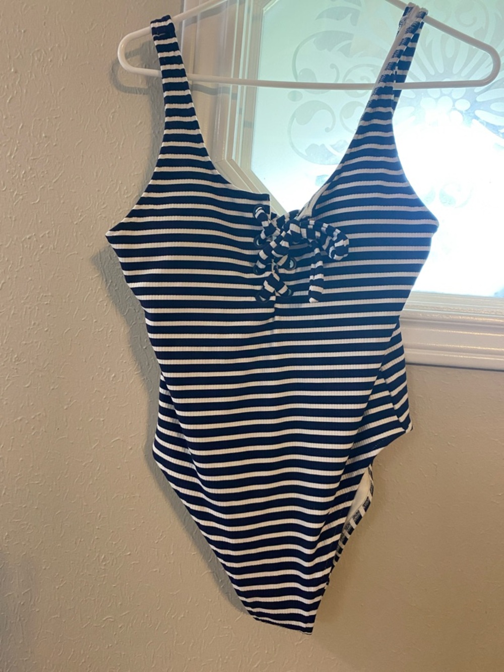 aerie Navy and White Striped Kids One-Piece Swimsuit with Front Lace-Up